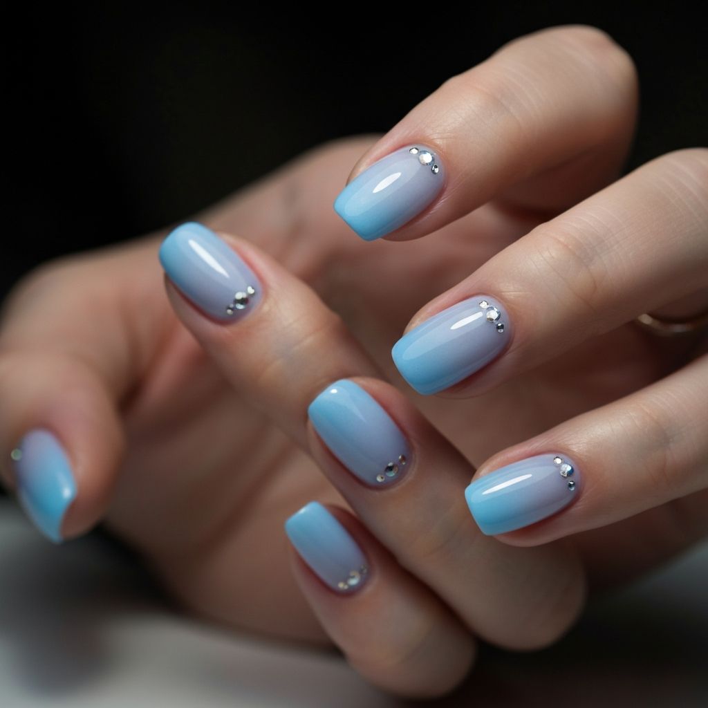 Degrade baby blue ombre cu cristale - unghii frumoase Focsani