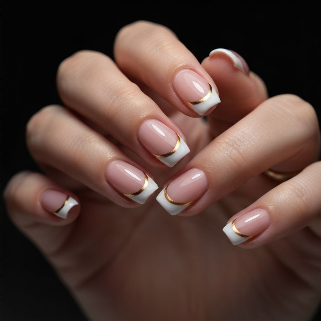 French gel modern cu linie aurie - manichiura gel Focsani