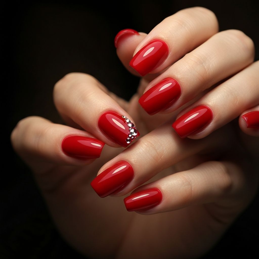 Unghii gel rosu ciresie lucios cu pietricele - nail art Focsani