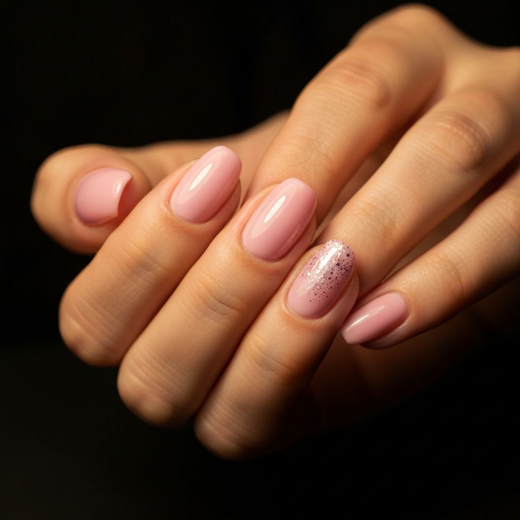 Set unghii gel roz pudra cu sclipiri fine - manichiura gel Focsani